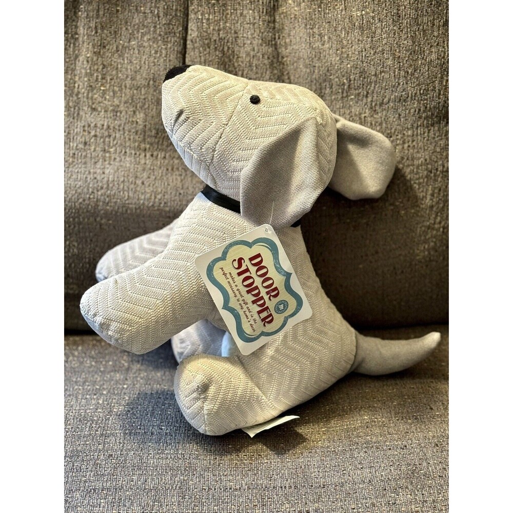 Grey Herringbone Striped Dog Stuffed Weighted Door Stop Begging New Tag Morgan